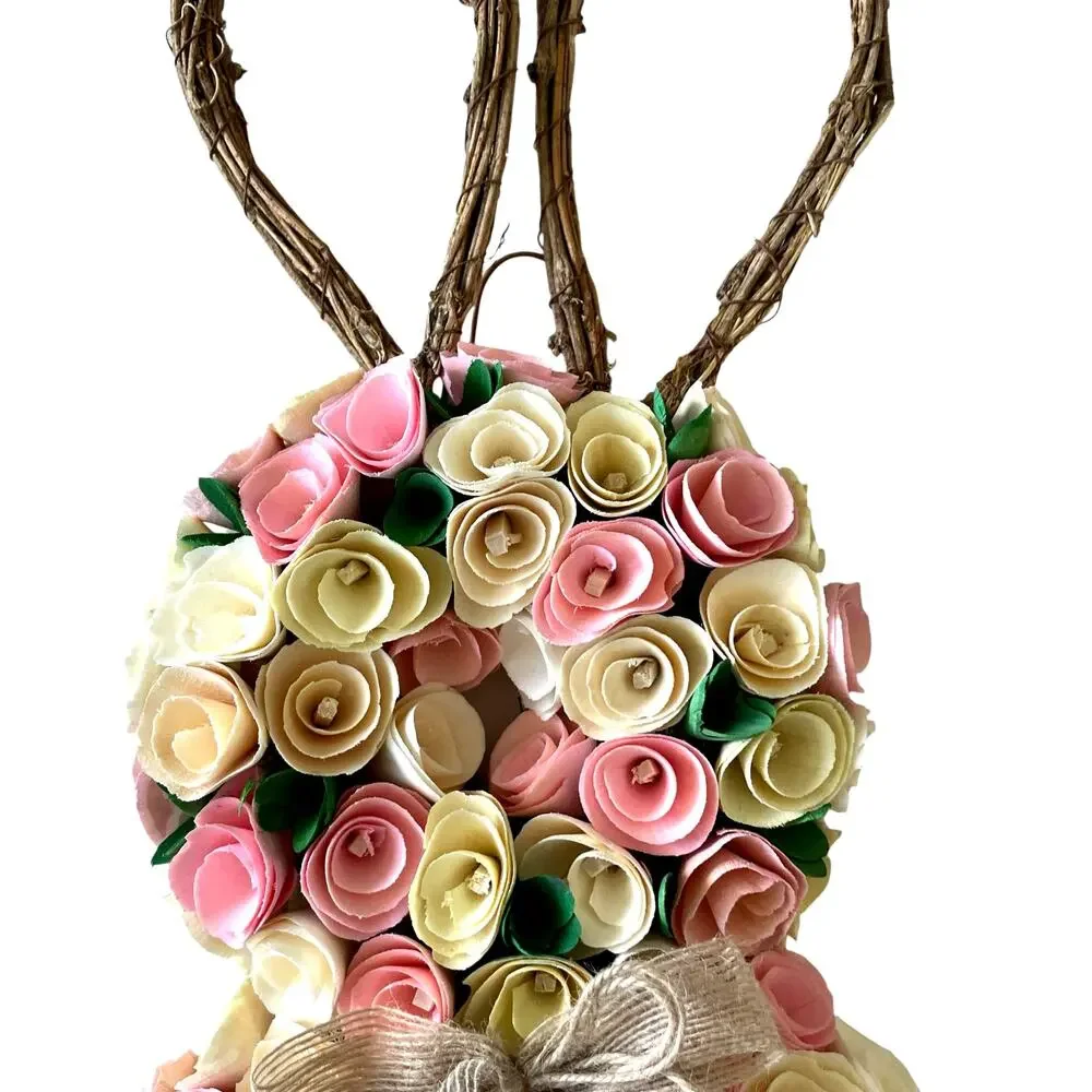 Bunny Shaped Wood Curl Floral Wreath 24in Pink & Yellow Easter Spring Decor NEW